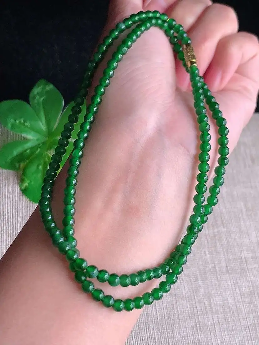 a货翡翠老坑冰种满绿圆珠项链毛衣链  尺寸4mm 重量16.56g 1028
