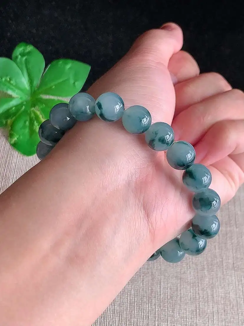 a货翡翠老坑冰种飘花圆珠佛珠手串19颗  尺寸10mm 重量35.48g 1028