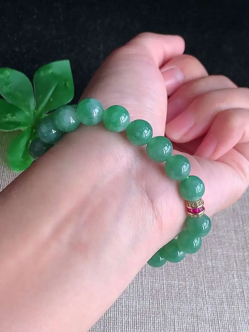 a货翡翠老坑冰种满绿圆珠佛珠手串20颗  尺寸8.6mm 重量25.48g 1028