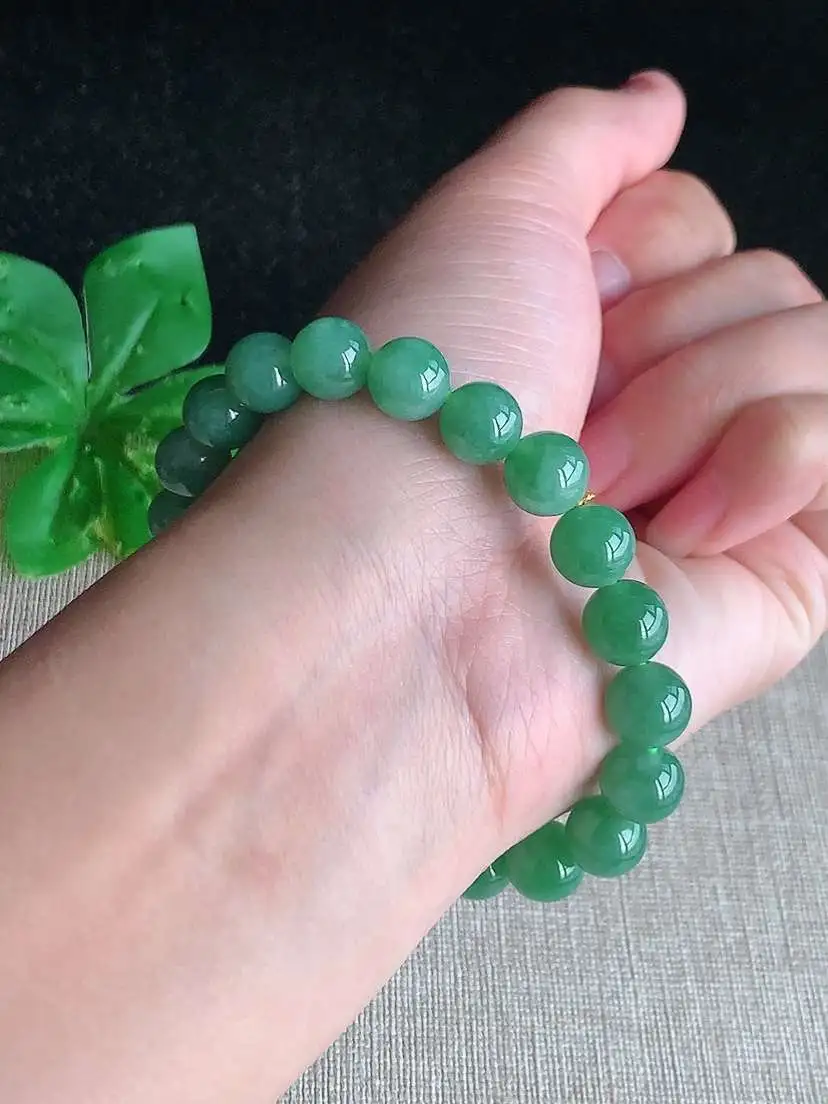 a货翡翠老坑冰种满绿圆珠佛珠手串20颗  尺寸8.6mm 重量25.48g 1028