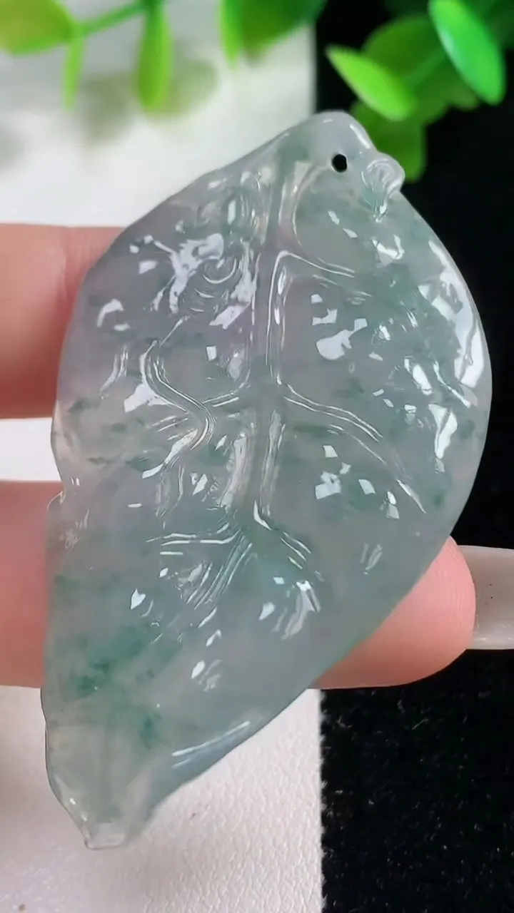 天然A货翡翠冰种飘花树叶吊坠，尺寸58.2-33.2-6.4，重量:16.85g
10月28日