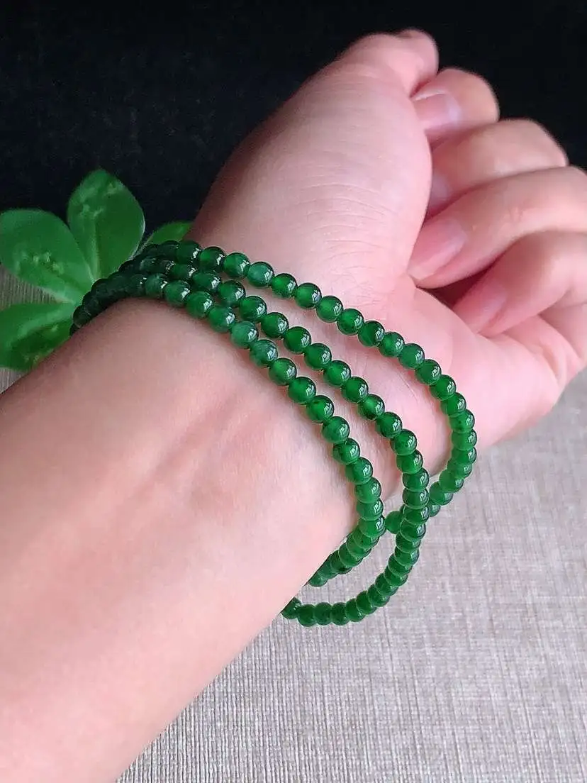 a货翡翠老坑冰种满绿圆珠项链毛衣链  尺寸4mm 重量16.56g 1028