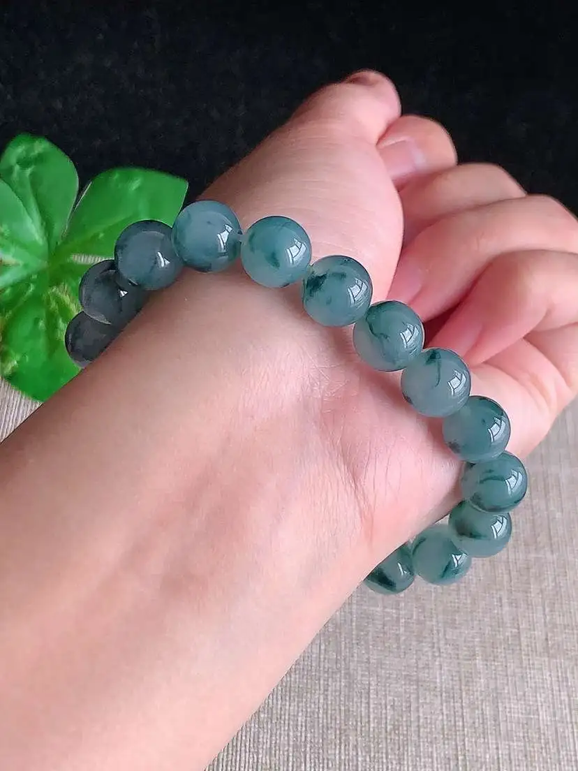 a货翡翠老坑冰种飘花圆珠佛珠手串19颗  尺寸10mm 重量35.48g 1028