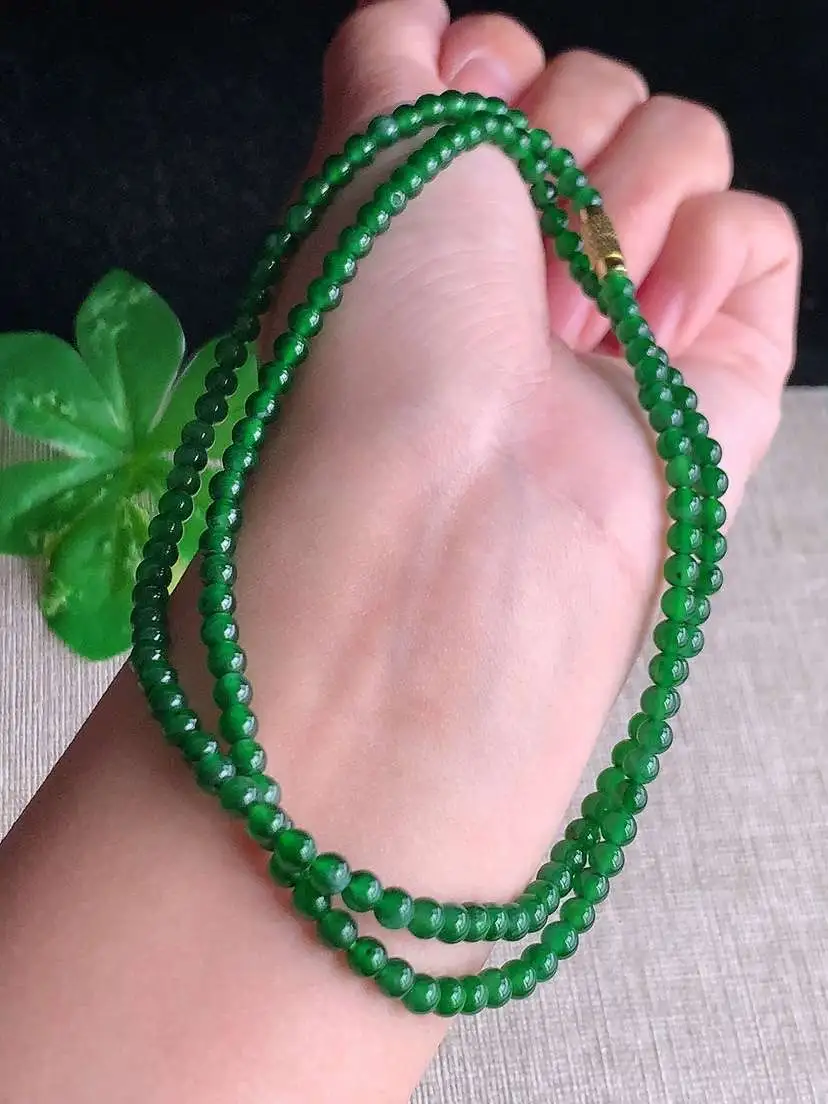 a货翡翠老坑冰种满绿圆珠项链毛衣链  尺寸4mm 重量16.56g 1028