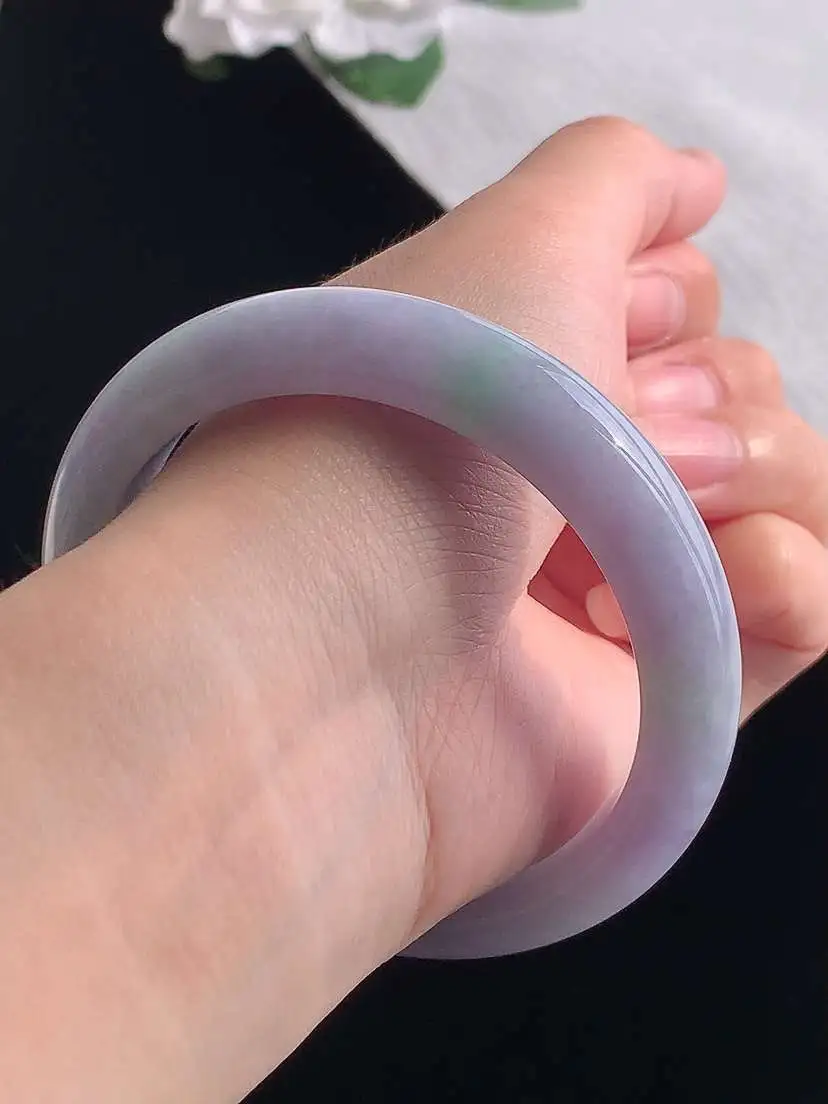 a货翡翠老坑冰种春带彩紫罗兰飘绿正装正圈手镯58-59圈口 尺寸58.5×12.8×8.6mm 重量