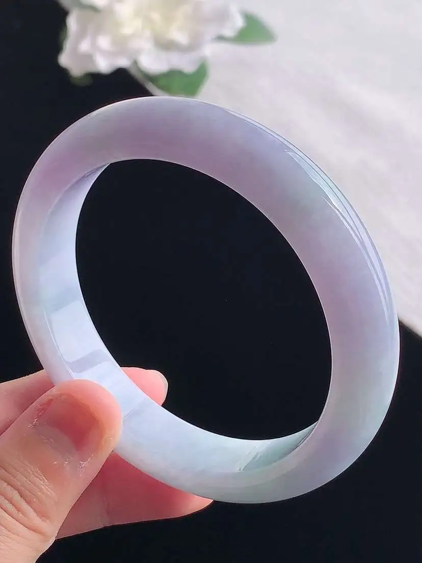 a货翡翠老坑冰种春带彩紫罗兰飘绿正装正圈手镯58-59圈口 尺寸58.5×12.8×8.6mm 重量63.36g 1028