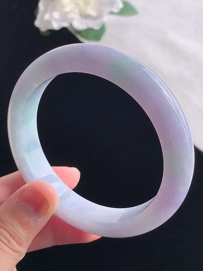 a货翡翠老坑冰种春带彩紫罗兰飘绿正装正圈手镯58-59圈口 尺寸58.5×12.8×8.6mm 重量