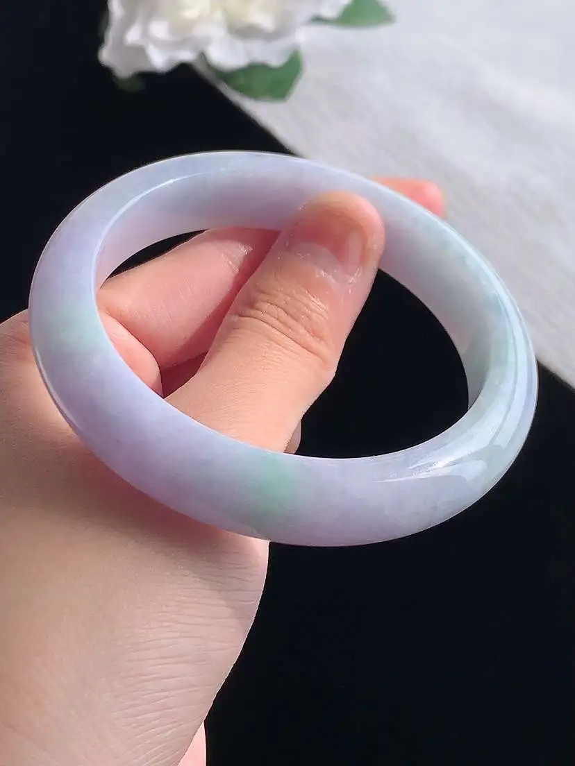 a货翡翠老坑冰种春带彩紫罗兰飘绿正装正圈手镯58-59圈口 尺寸58.5×12.8×8.6mm 重量63.36g 1028