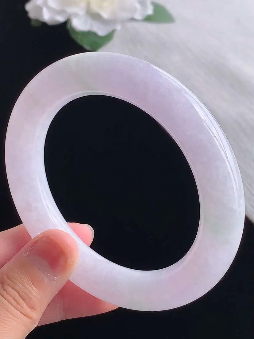 a货翡翠老坑冰种春带彩紫罗兰飘绿胖圆条手镯57-58圈口 尺寸57.8×12mm 重量84.43g 1028