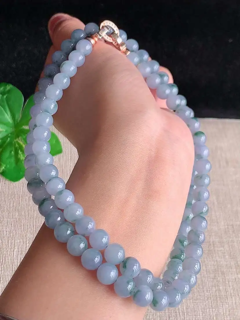 a货翡翠老坑冰种紫罗兰飘花圆珠项链毛衣链88颗，尺寸7.2mm 重量69.50g 1029