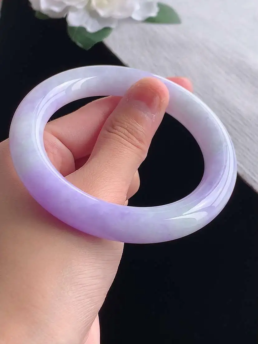 a货翡翠老坑冰种紫罗兰圆条手镯58-59圈口  尺寸58.6×11.5mm 重量75.83g 1028