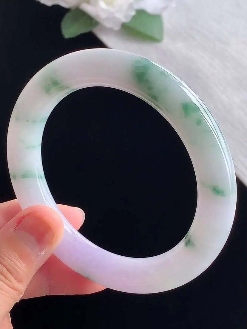 a货翡翠老坑冰种紫罗兰飘花圆条手镯57-58圈口 尺寸57.3×10.7mm 重量64.20g 10