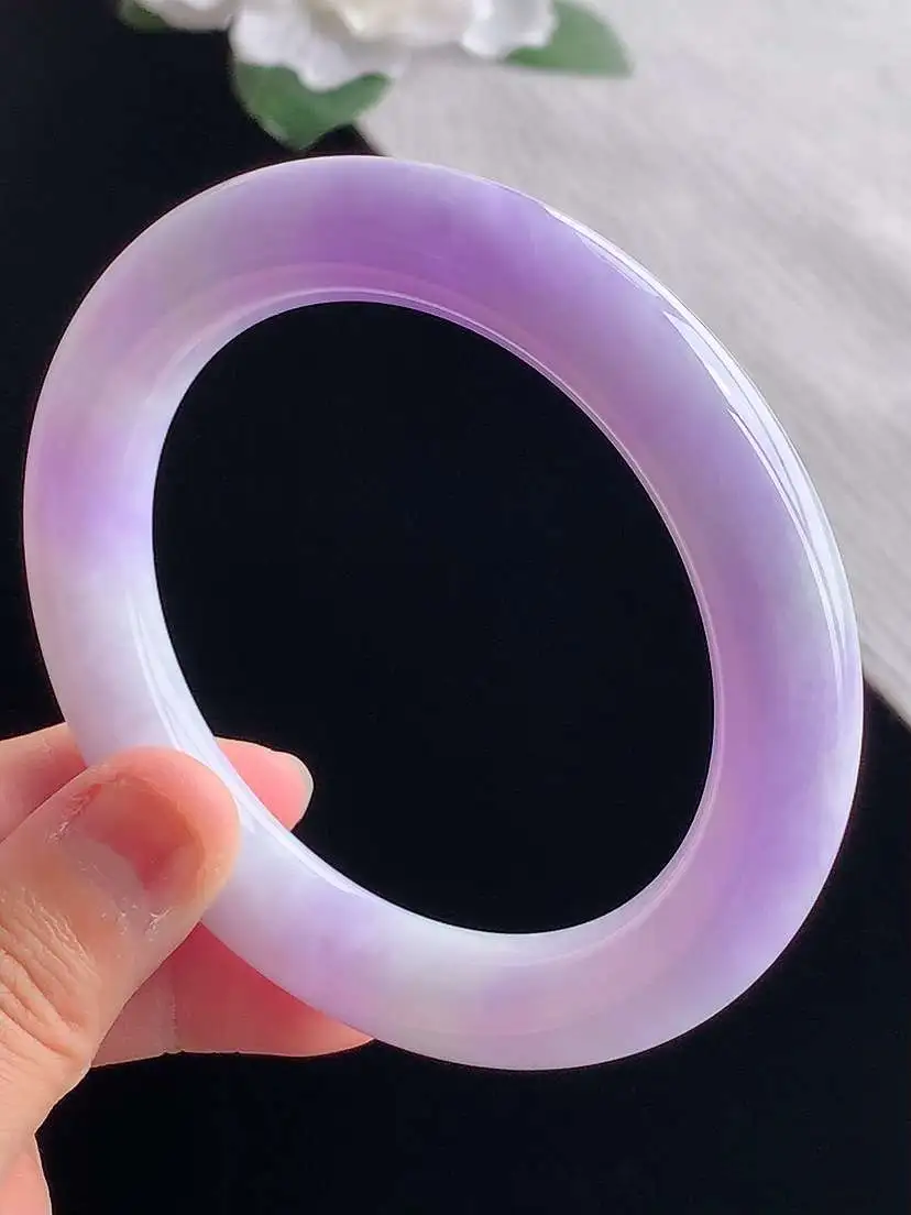 a货翡翠老坑冰种紫罗兰圆条手镯58-59圈口  尺寸58.6×11.5mm 重量75.83g 1028