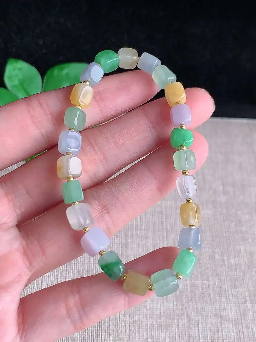 a货翡翠老坑冰种18K金镶嵌多彩路路通手串23颗  尺寸6×4.5×6mm 重量11.96g 102