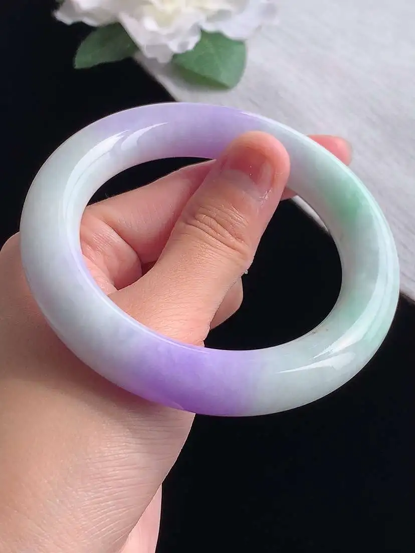 a货翡翠老坑冰种紫罗兰飘花胖圆条手镯57-58圈口 尺寸57.5×12.4mm 重量89.10g 1029