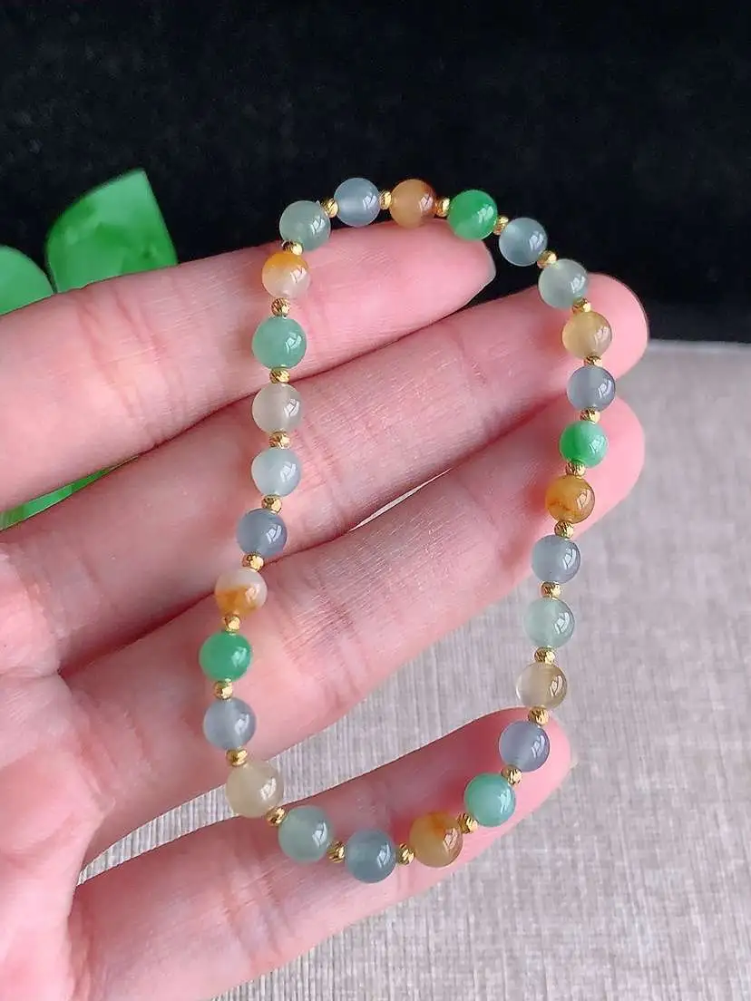 a货翡翠老坑冰种18K金镶嵌多彩圆珠佛珠手串27颗 尺寸4.7mm 重量5.70g 1029