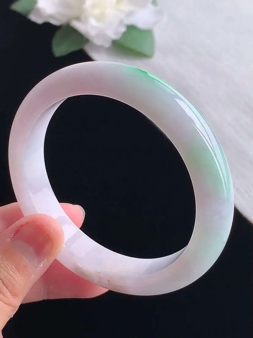 a货翡翠老坑冰种春带彩紫罗兰飘绿正装正圈手镯55-56圈口  尺寸55.8×12×8mm 重量55.78g 1029