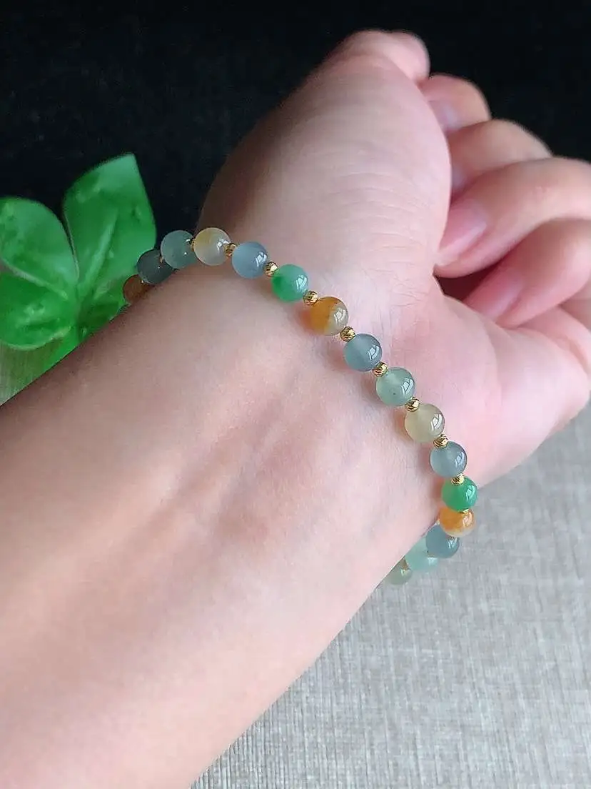 a货翡翠老坑冰种18K金镶嵌多彩圆珠佛珠手串27颗 尺寸4.7mm 重量5.70g 1029