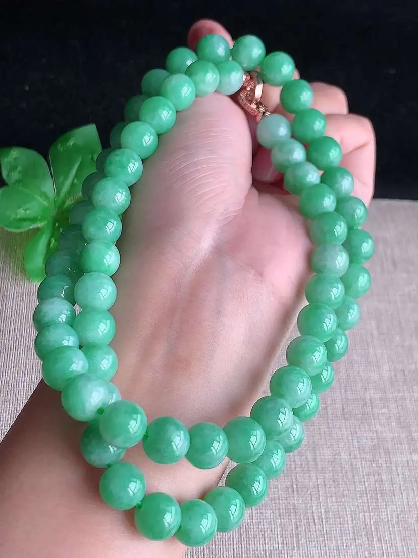 a货翡翠老坑冰种满绿圆珠项链毛衣链64颗 尺寸10mm 重量115.93g 1029