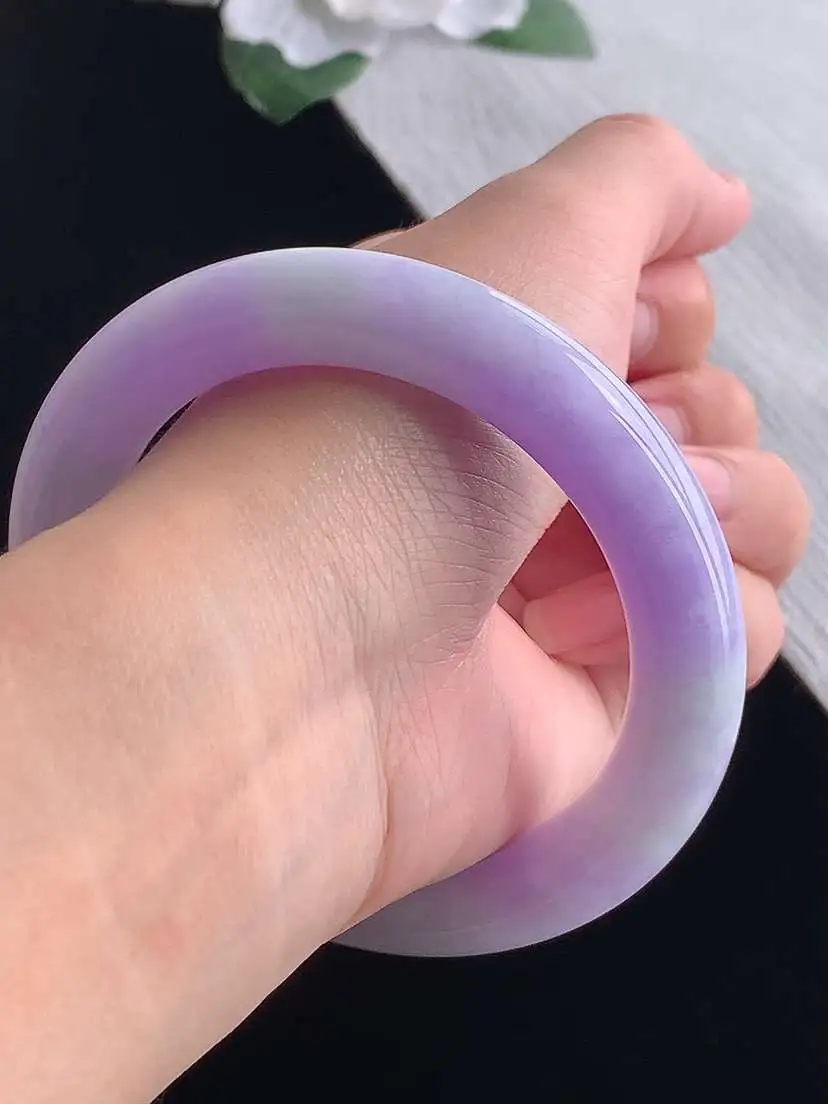 a货翡翠老坑冰种紫罗兰圆条手镯58-59圈口  尺寸58.6×11.5mm 重量75.83g 102