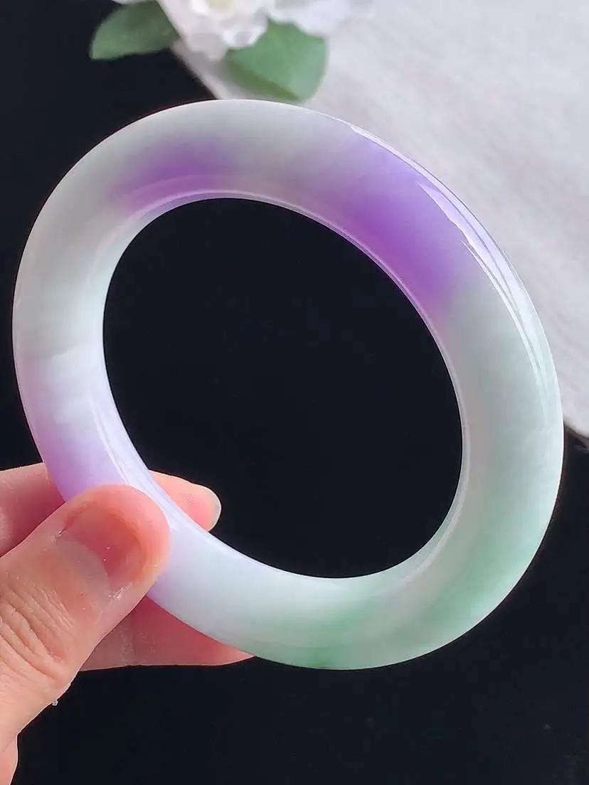 a货翡翠老坑冰种紫罗兰飘花胖圆条手镯57-58圈口 尺寸57.5×12.4mm 重量89.10g 1029