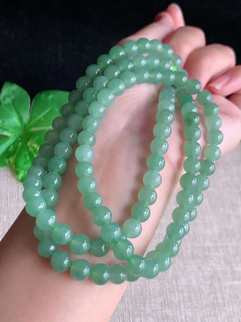 a货翡翠老坑冰种满绿圆珠项链毛衣链108颗  尺寸6.8mm 重量66.00g 1029