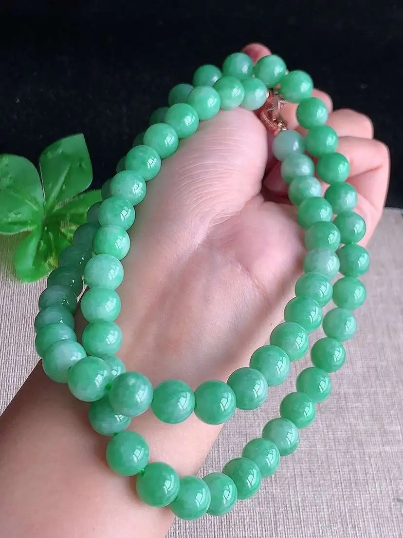 a货翡翠老坑冰种满绿圆珠项链毛衣链64颗 尺寸10mm 重量115.93g 1029