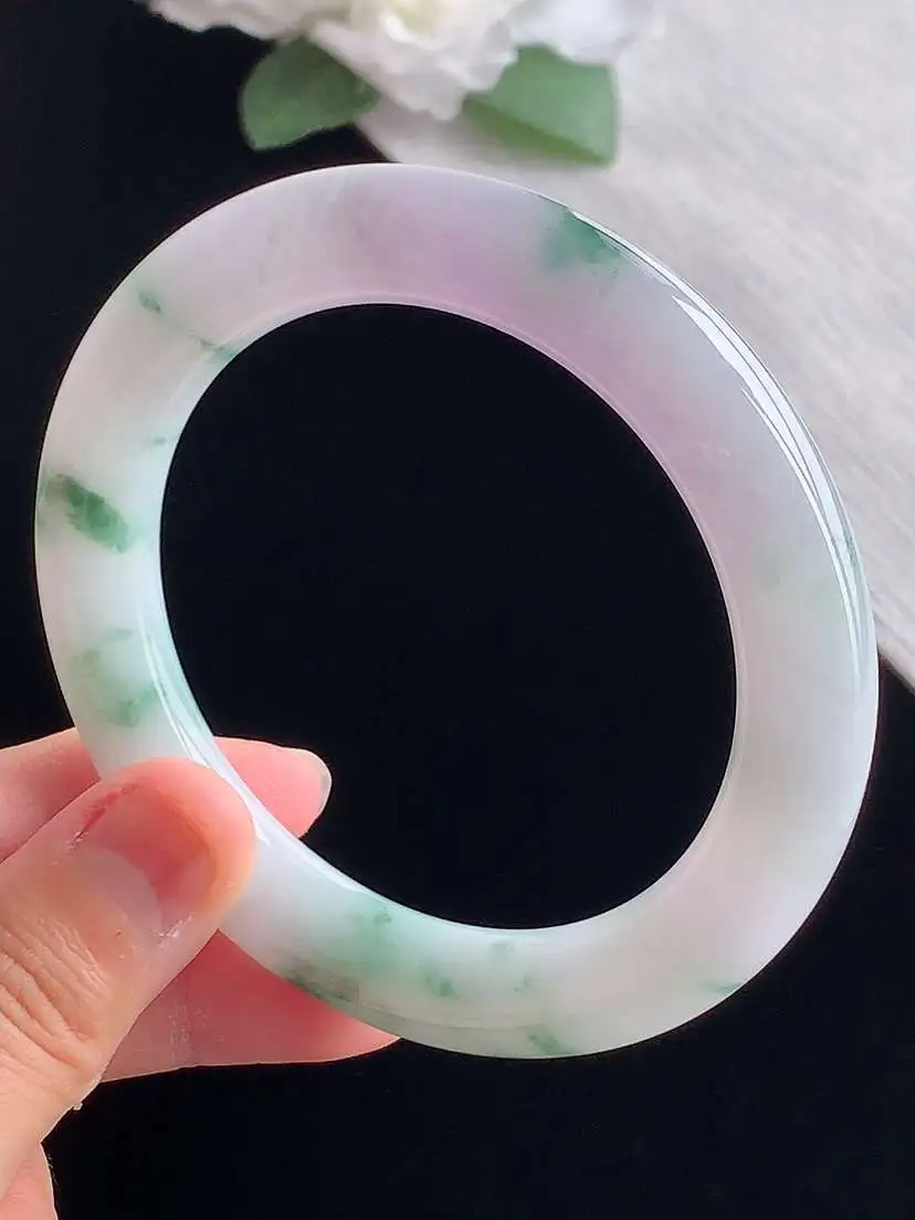 a货翡翠老坑冰种紫罗兰飘花圆条手镯57-58圈口 尺寸57.3×10.7mm 重量64.20g 1029