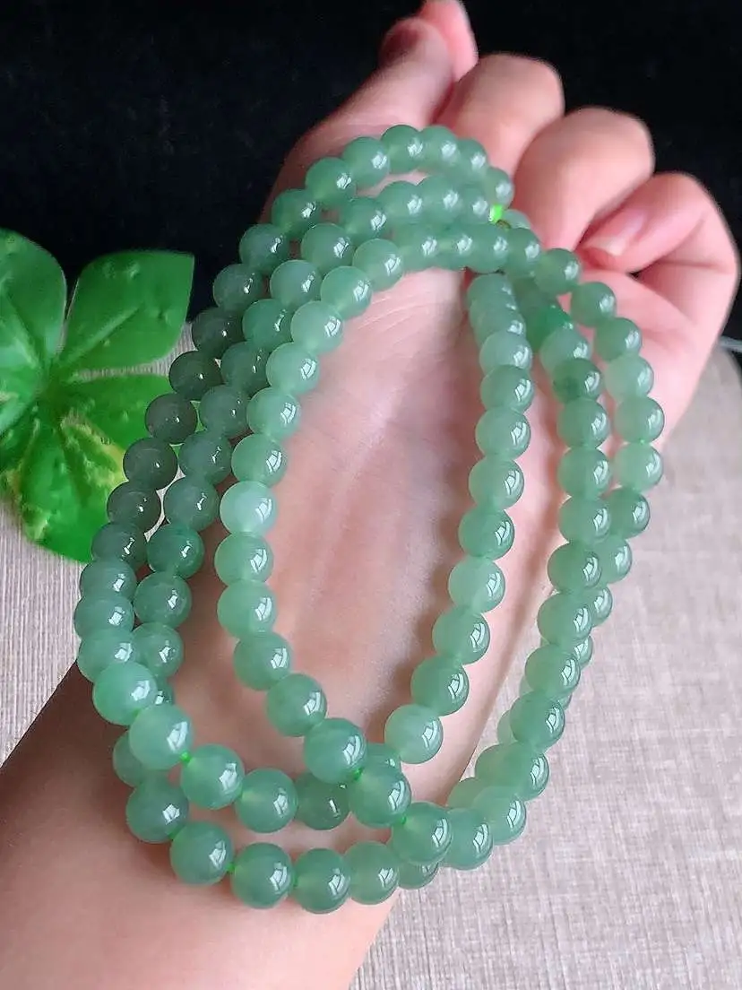 a货翡翠老坑冰种满绿圆珠项链毛衣链108颗  尺寸6.8mm 重量66.00g 1029