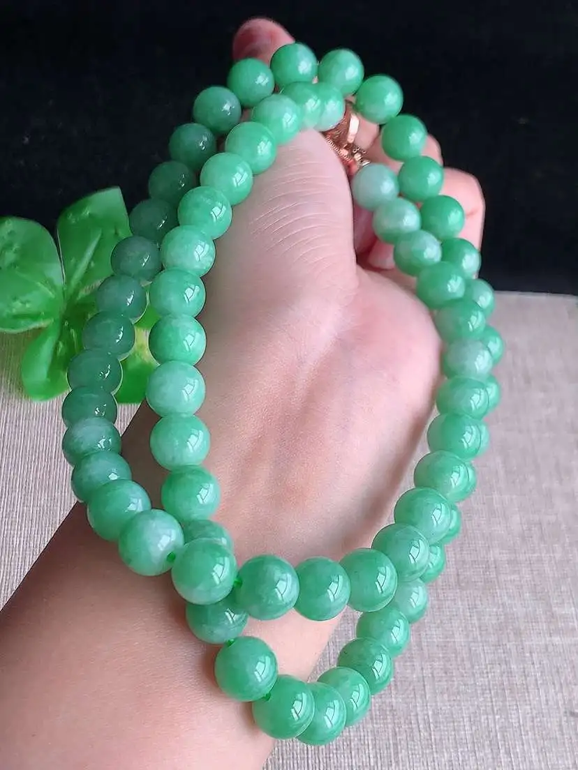 a货翡翠老坑冰种满绿圆珠项链毛衣链64颗 尺寸10mm 重量115.93g 1029