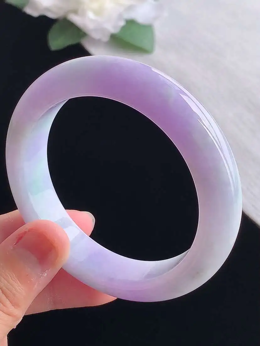 a货翡翠老坑冰种春带彩紫罗兰飘绿正装正圈手镯53-54圈口  尺寸53.8×12.2×8.8mm 重量61.66g 1029