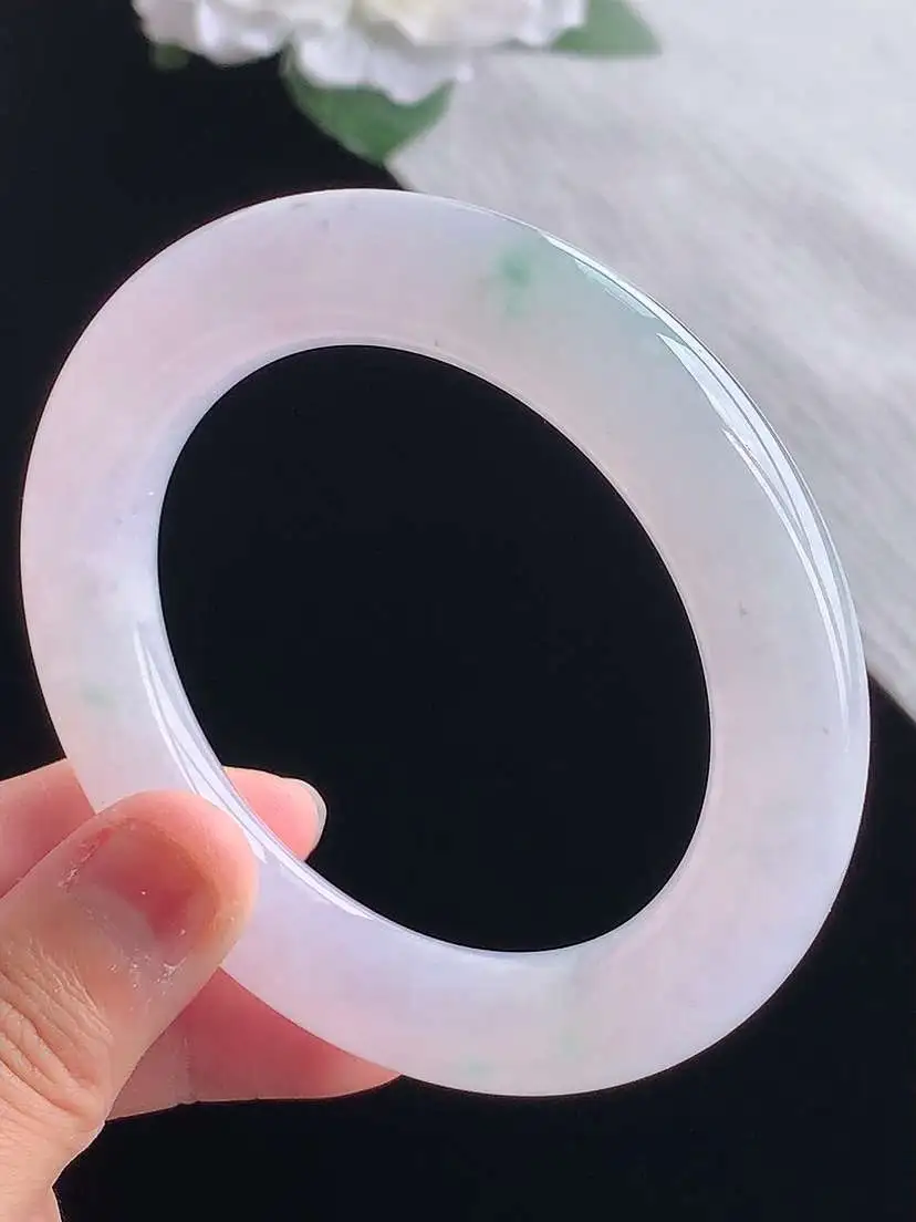 a货翡翠老坑冰种春带彩紫罗兰飘绿胖圆条手镯54-55圈口  尺寸54.6×11.8mm 重量76.2