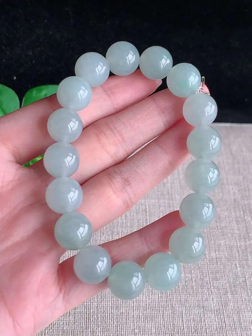 a货翡翠老坑冰种晴底圆珠佛珠手串17颗 尺寸12.2mm 重量54.35g 1029