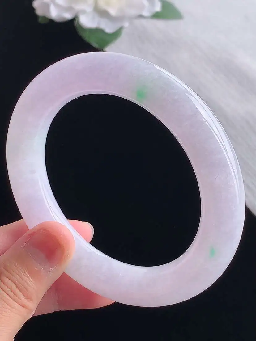 a货翡翠老坑冰种春带彩紫罗兰飘绿胖圆条手镯57-58圈口 尺寸57.8×12mm 重量84.43g 