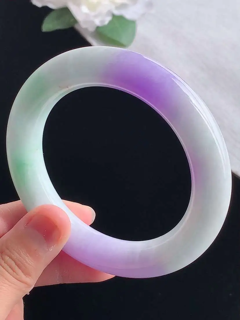 a货翡翠老坑冰种紫罗兰飘花胖圆条手镯57-58圈口 尺寸57.5×12.4mm 重量89.10g 1