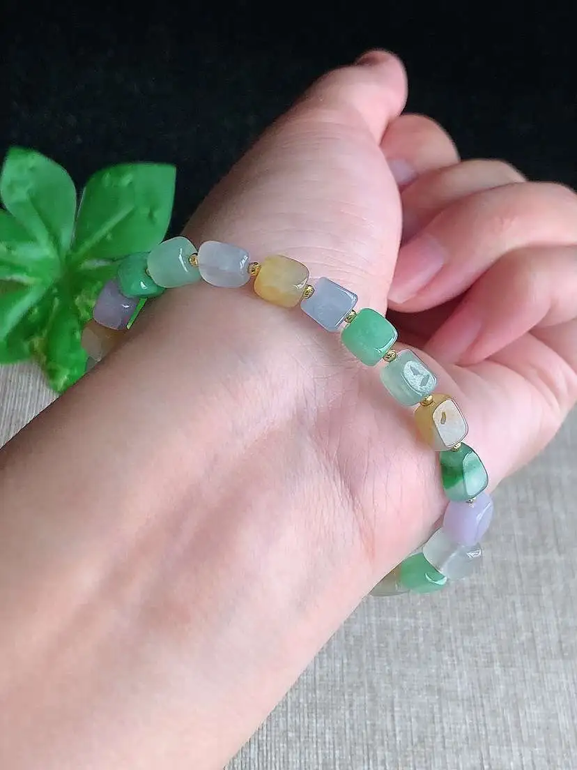 a货翡翠老坑冰种18K金镶嵌多彩路路通手串23颗  尺寸6×4.5×6mm 重量11.96g 1029