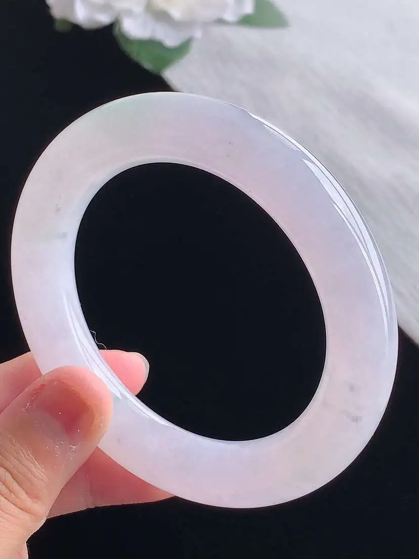 a货翡翠老坑冰种春带彩紫罗兰飘绿胖圆条手镯54-55圈口  尺寸54.6×11.8mm 重量76.25g 1028