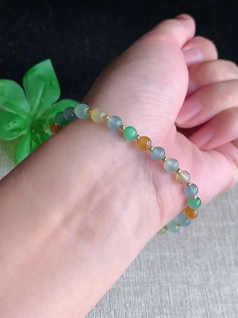 a货翡翠老坑冰种18K金镶嵌多彩圆珠佛珠手串27颗 尺寸4.7mm 重量5.70g 1029