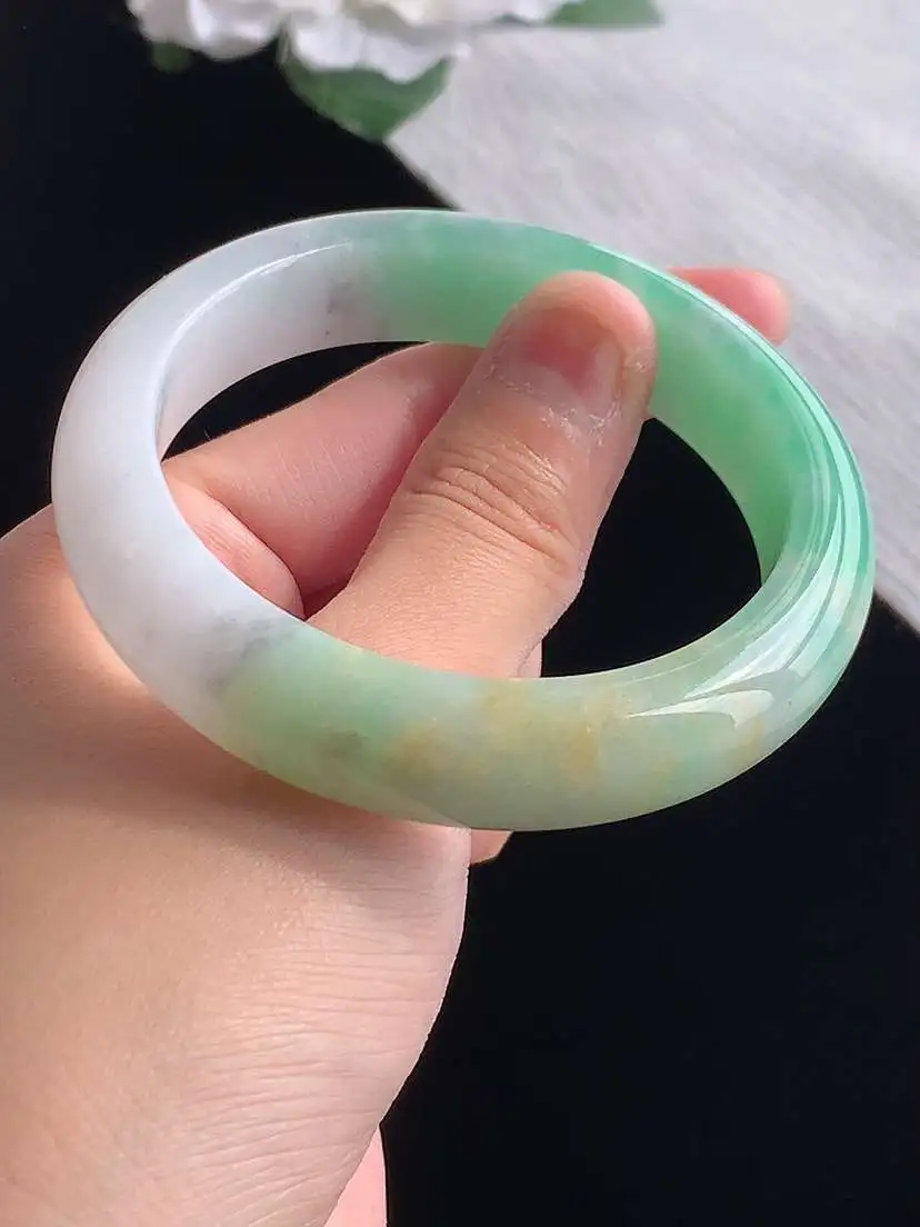 a货翡翠老坑冰种黄加绿双彩正装正圈手镯55-56圈口 尺寸55.3×13×8.8mm 重量63.03g 1028