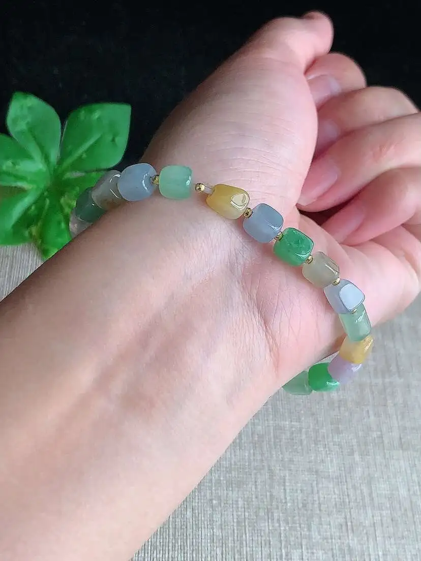 a货翡翠老坑冰种18K金镶嵌多彩路路通手串23颗  尺寸6×4.5×6mm 重量11.96g 1029