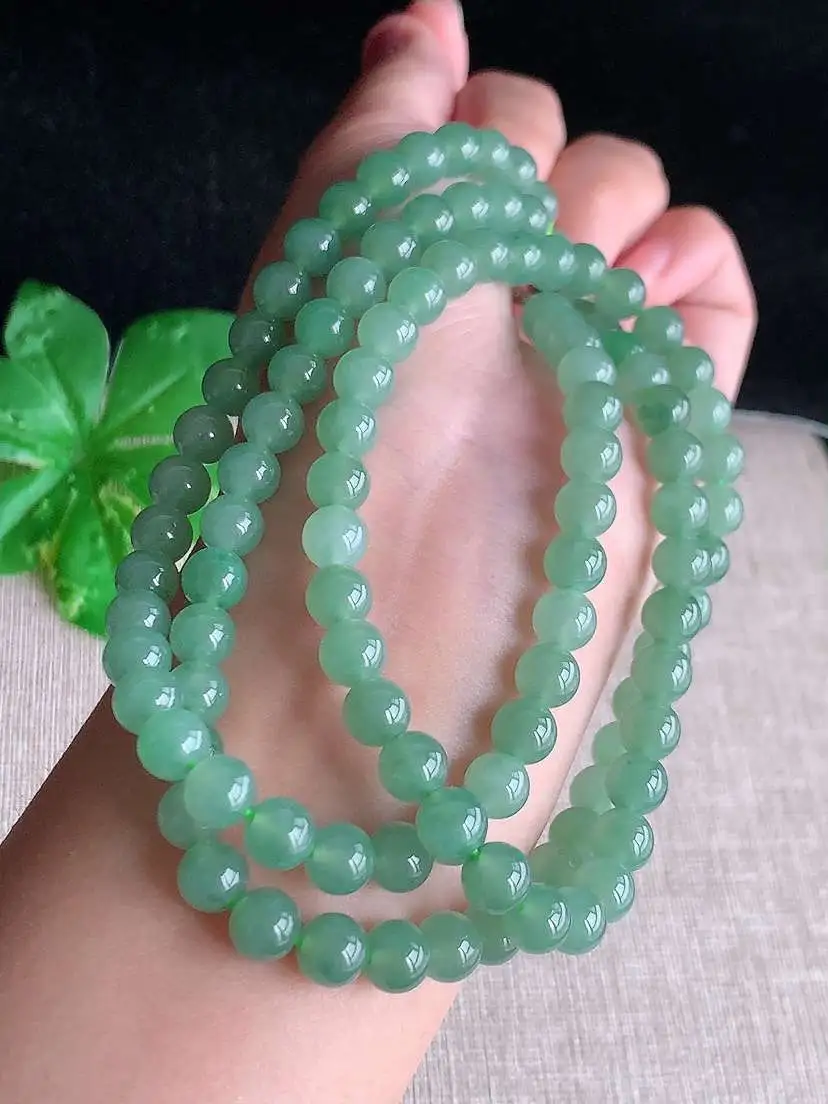 a货翡翠老坑冰种满绿圆珠项链毛衣链108颗  尺寸6.8mm 重量66.00g 1029