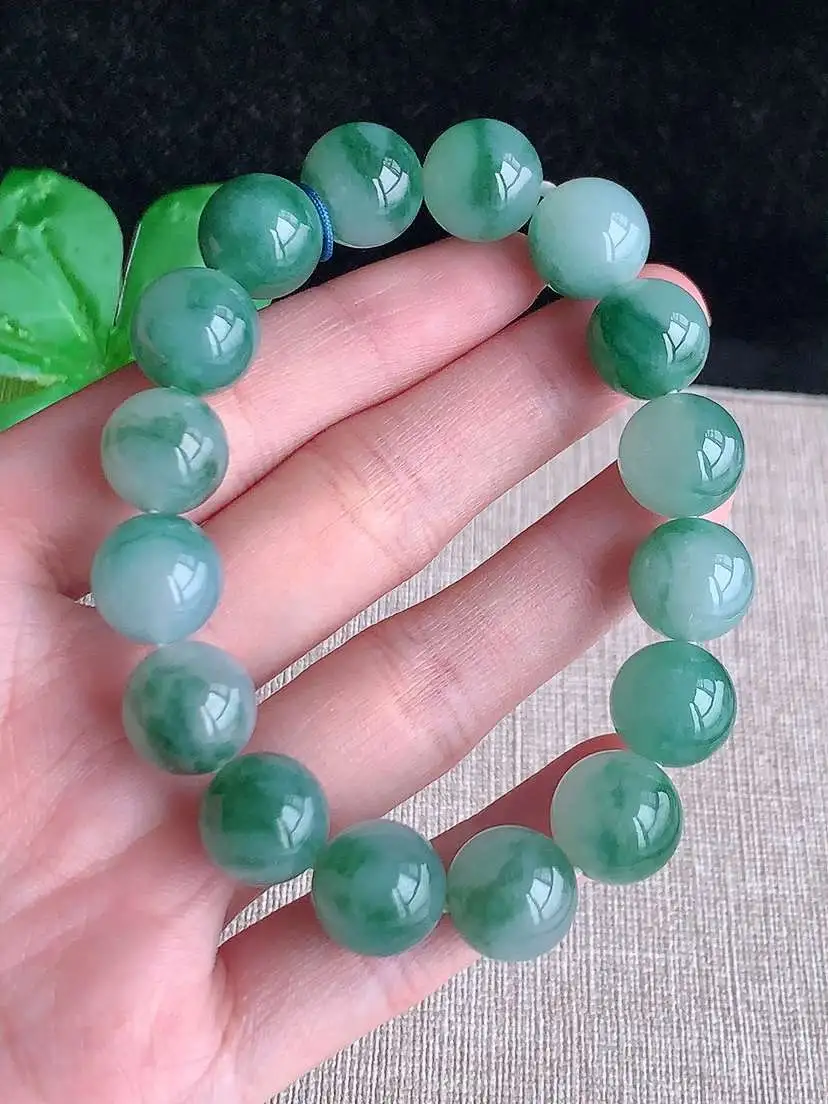 a货翡翠老坑冰种飘花圆珠佛珠手串16颗  尺寸12.8mm 重量57.16g 1030