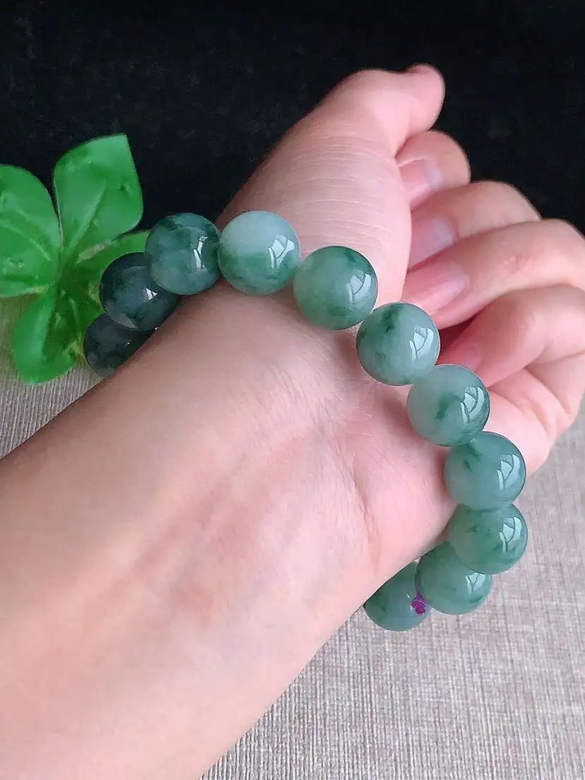 a货翡翠老坑冰种飘花圆珠佛珠16颗  尺寸12.3mm 重量53.18g 1030