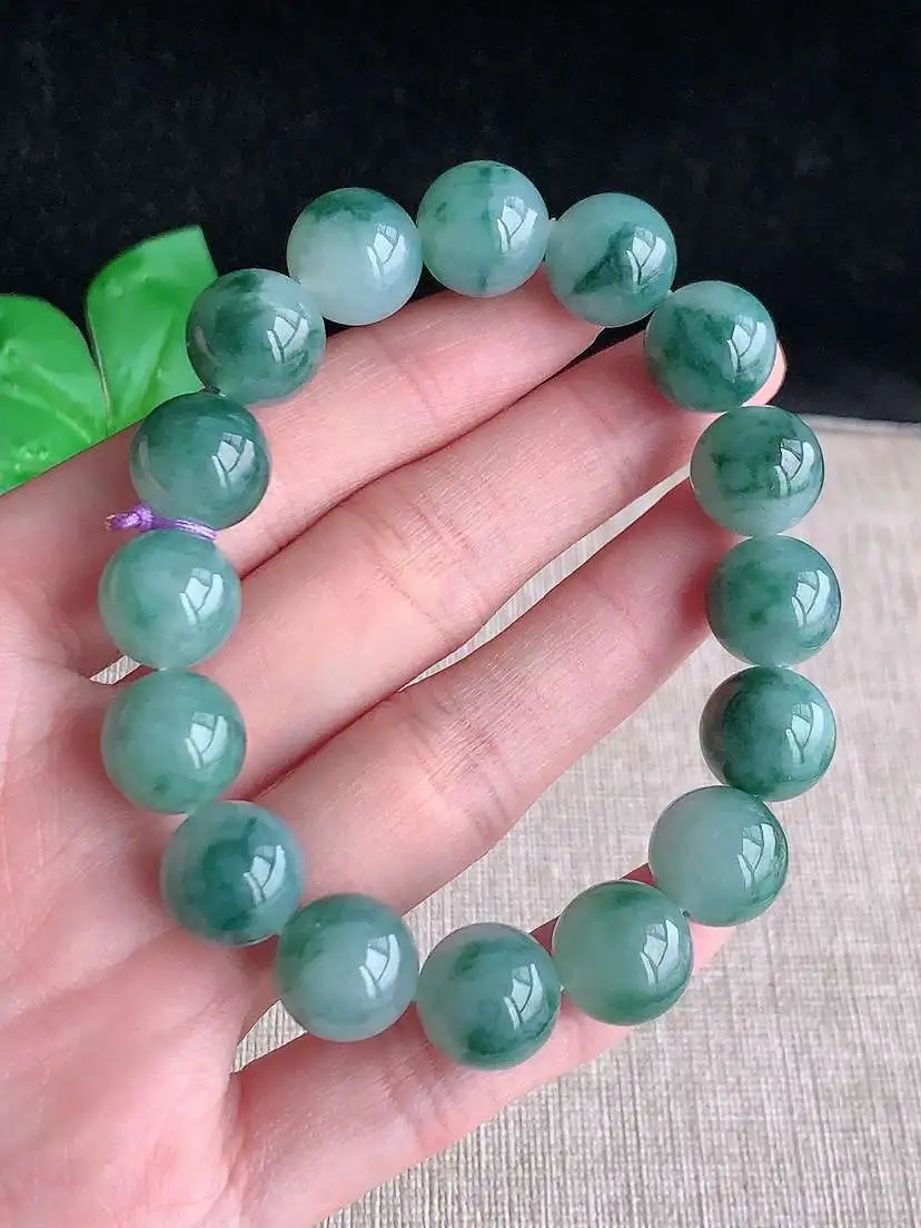 a货翡翠老坑冰种飘花圆珠佛珠16颗  尺寸12.3mm 重量53.18g 1030