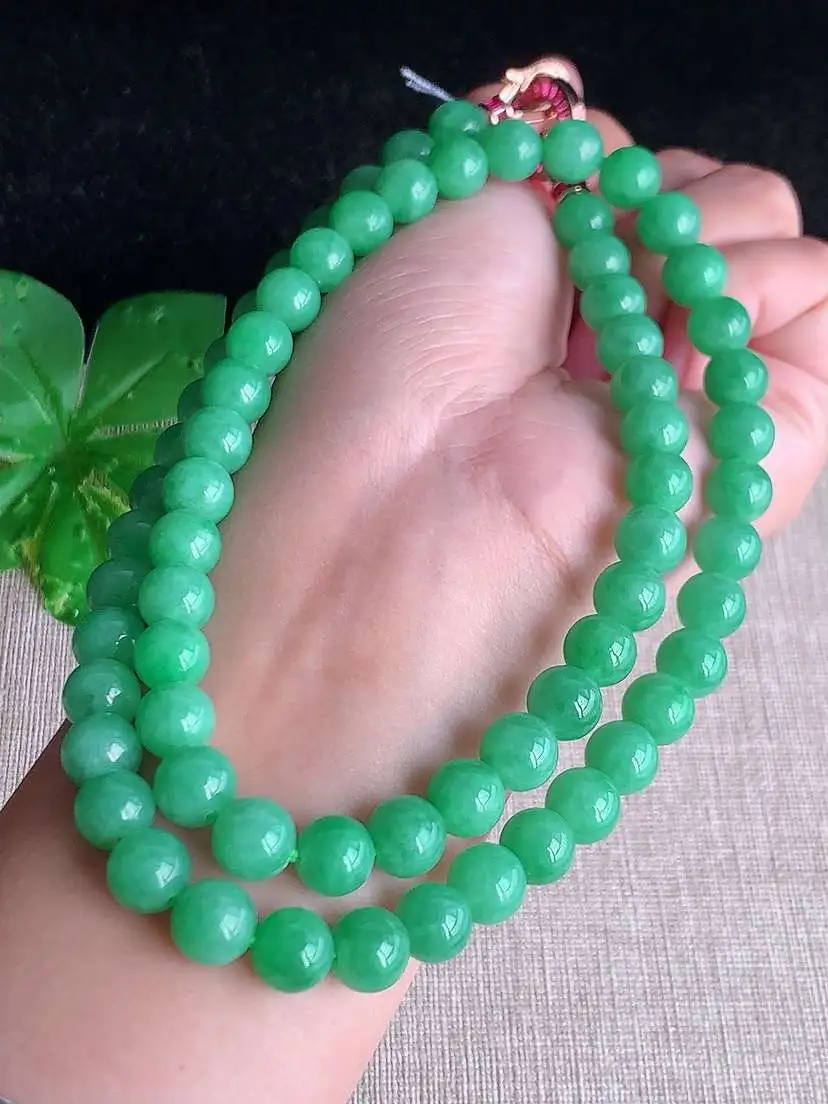 a货翡翠老坑冰种满绿圆珠项链毛衣链68颗  尺寸8.2mm 重量77.00g 1031
