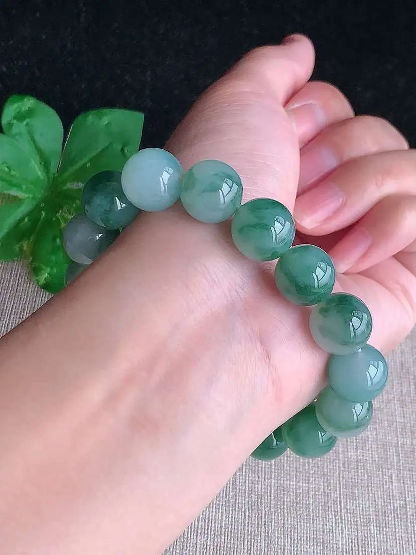 a货翡翠老坑冰种飘花圆珠佛珠手串16颗  尺寸12.8mm 重量57.16g 1030