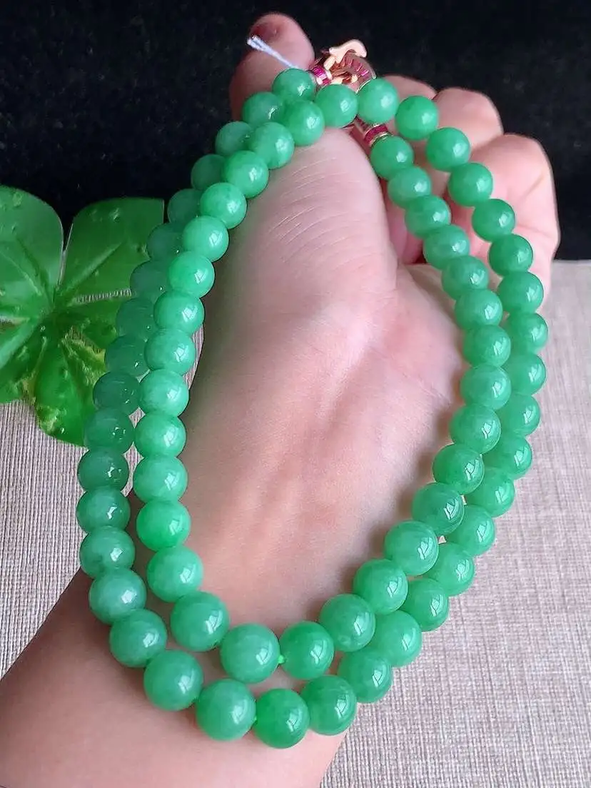 a货翡翠老坑冰种满绿圆珠项链毛衣链68颗  尺寸8.2mm 重量77.00g 1031