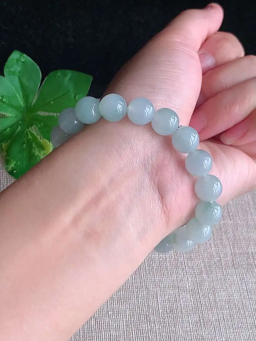 a货翡翠老坑冰种飘花圆珠佛珠手串19颗  尺寸9.2mm 重量30.56g 1031