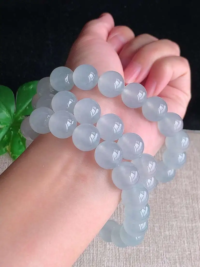 a货翡翠老坑冰种18K金镶嵌白月光圆珠项链毛衣链48颗 尺寸12.6mm 重量174.45g 103