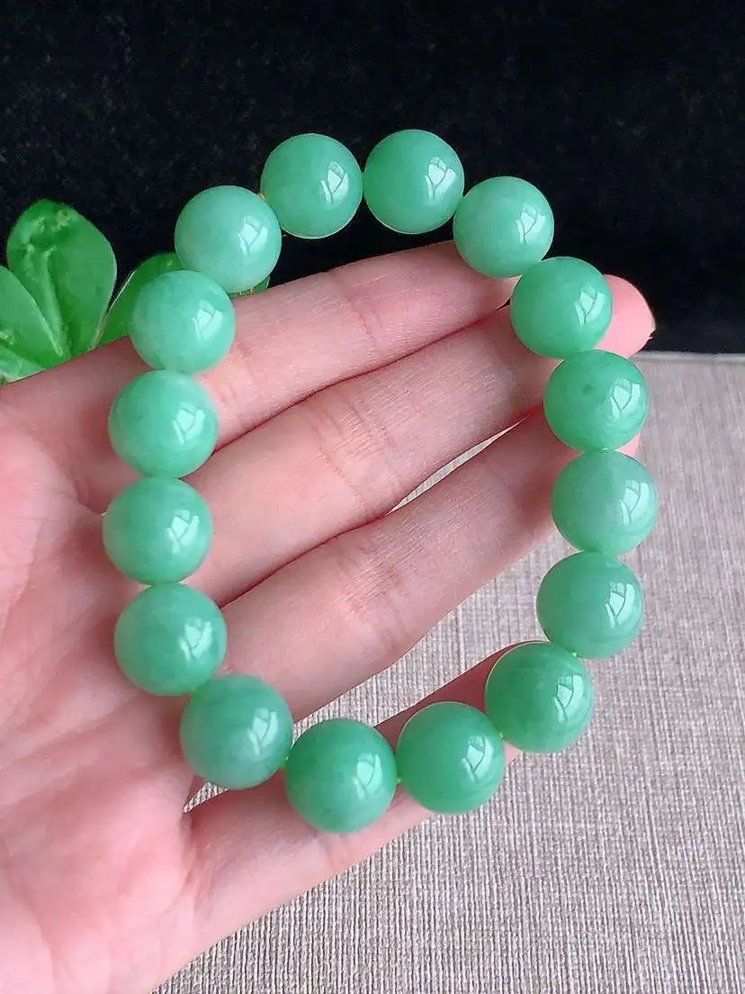 a货翡翠老坑冰种满绿圆珠佛珠手串16颗 尺寸12.3mm 重量54.00g 1030